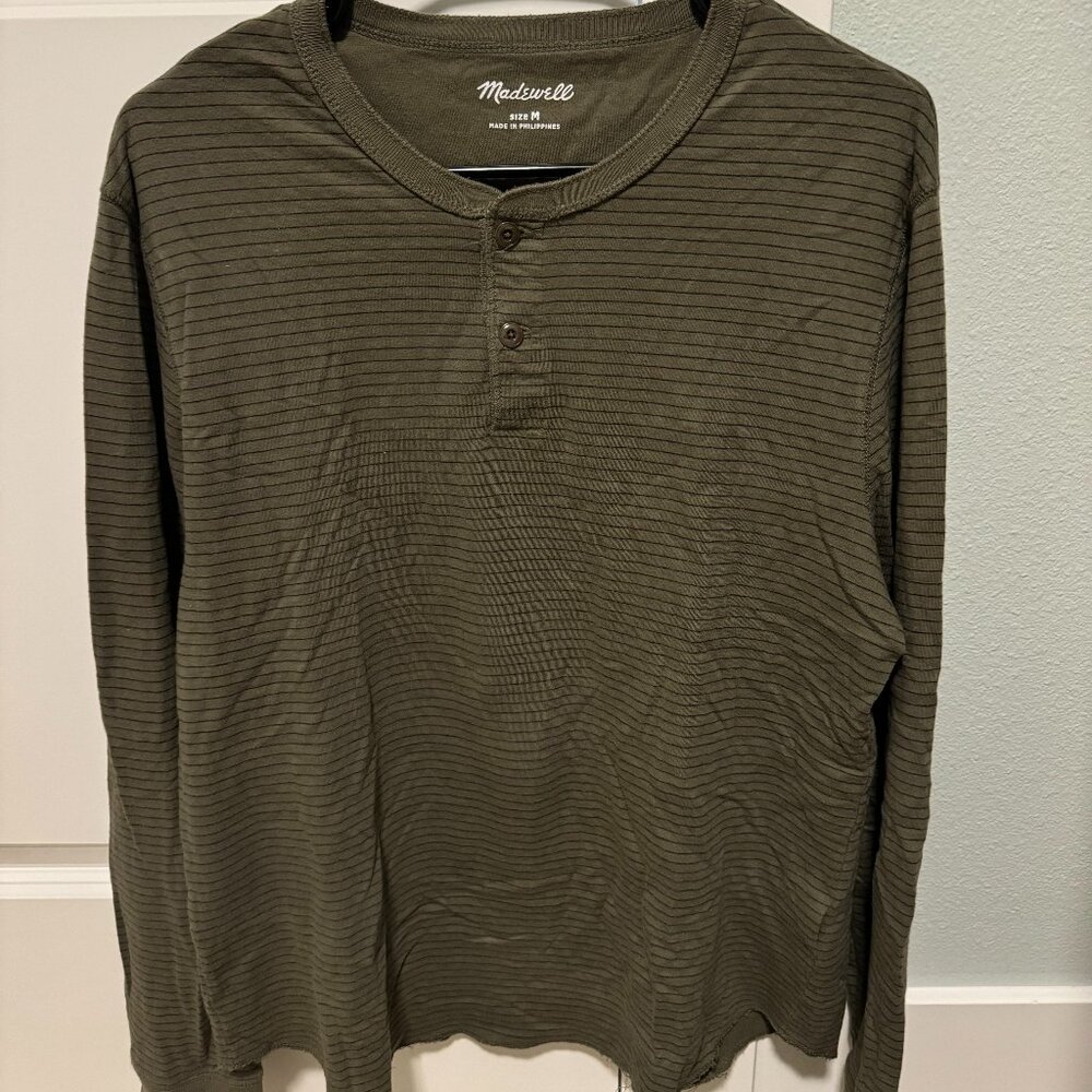Madewell Green and Black Stripe Long Sleeve Henley | Size M